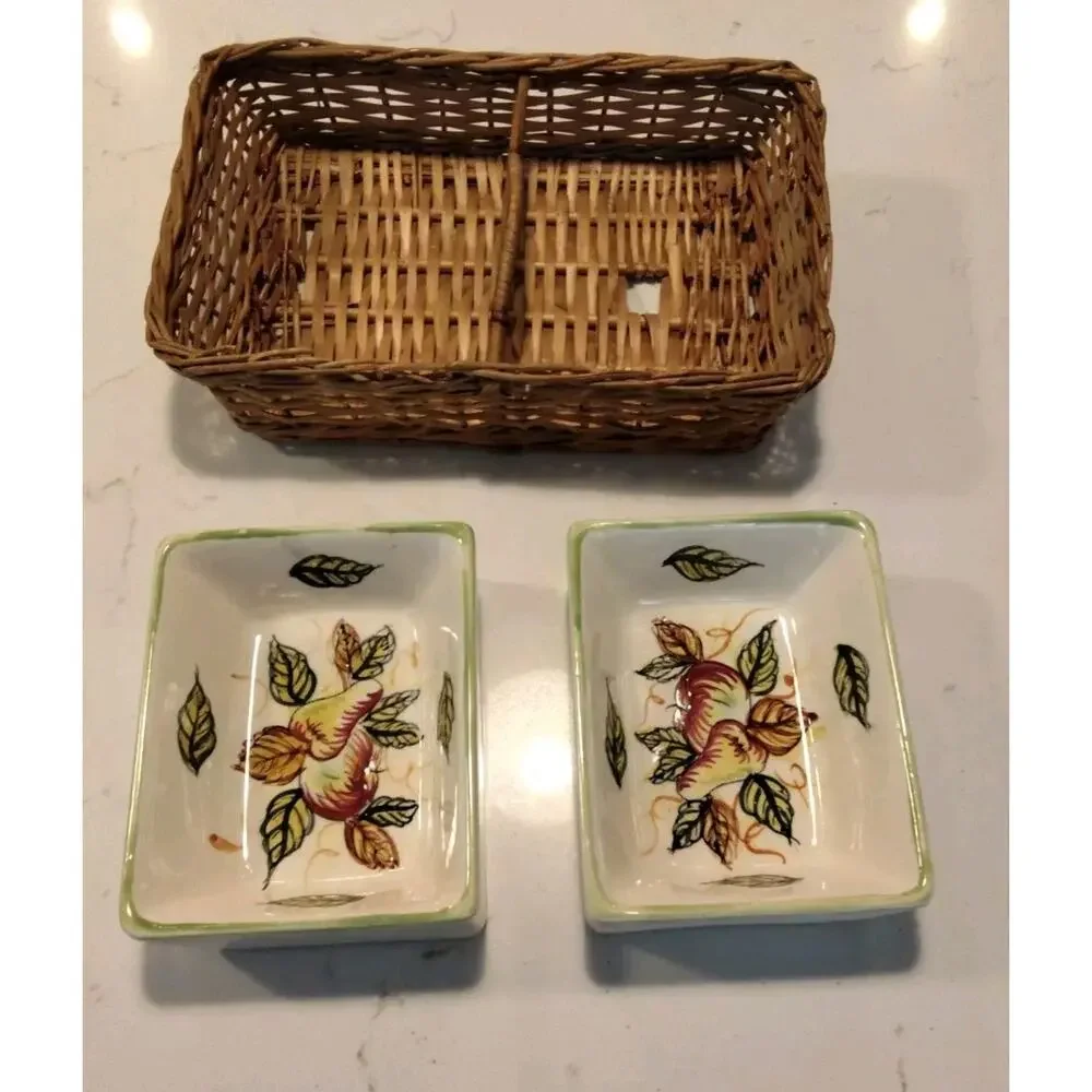 Vtg. Two Ceramic Serving Dishes In Divided Wicker Basket Japan Harvest Theme.